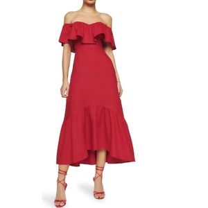 Reformation Red Linen Fluted Ruffle Midi Dress